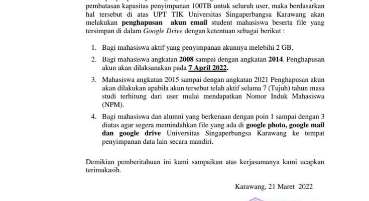 Thumbnail Artikel UPT TIK Unsika Segera Hapus Email Student Mahasiswa, Mengapa?
