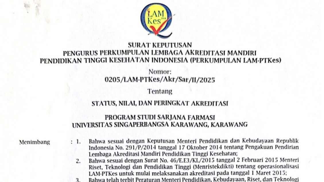 Thumbnail Artikel Prodi Farmasi Unsika Raih Akreditasi Baik Sekali: Siap Buka Program Profesi Apoteker